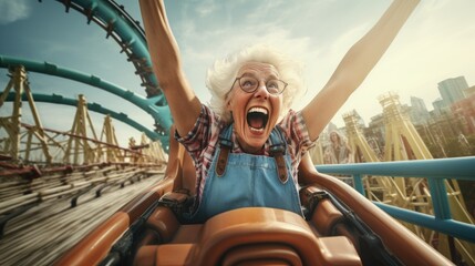 Elderly woman rides a roller coaster. Happy and joyful. Generative AI