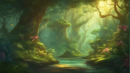 Deep in the fantasy tropical forest. Fantasy Backdrop Concept Art Realistic Illustration Video Game