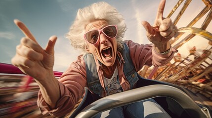 Elderly woman rides a roller coaster. Happy and joyful. Generative AI