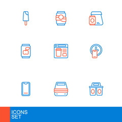 Set line Coffee cup to go, Lunch box, Food ordering on mobile, Round the clock delivery, Soda can, Online food, and icon. Vector