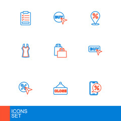 Set line Percent discount on phone, Hanging sign with text Closed, Discount percent tag, Buy button, Woman dress, Paper shopping bag, Location and icon. Vector