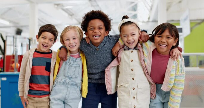 Education, diversity and kids or friends in a classroom together for learning, growth or development. Portrait, smile and happy student children in back to school class for knowledge or academics
