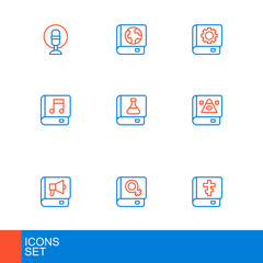 Set line Holy bible book, Book about women, Ancient magic, Audio, Chemistry, User manual and Earth globe and icon. Vector