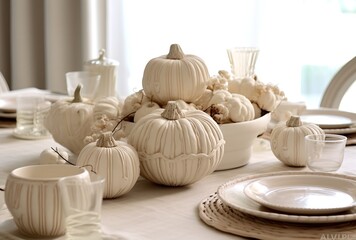 Thanksgiving table setting with white pumpkins, generative ai elegant and fancy holiday dinner place setting