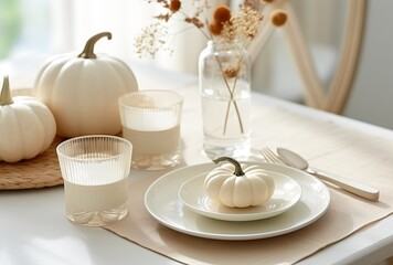 Fototapeta na wymiar Thanksgiving table setting with white pumpkins, generative ai elegant and fancy holiday dinner place setting