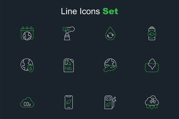 Set line Acid rain radioactive cloud, Petrol or gas station, Mobile phone with leaf, CO2 emissions, Iceberg, Hand holding Earth globe, Bio fuel canister and shield icon. Vector