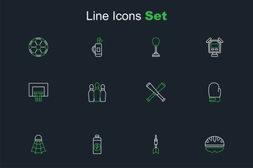 Set line Bicycle helmet, Dart arrow, Fitness shaker, Badminton shuttlecock, Boxing glove, Crossed baseball bat, Bowling pin and Basketball backboard icon. Vector
