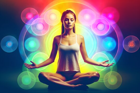 Woman meditating and gaining inner power and balance, generative ai image, spiritual transformation concept.