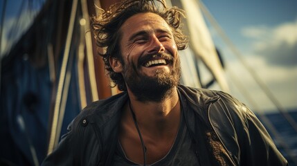 A sailor is hoisting sails on a windy day.