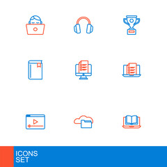 Set line Online class, Cloud or online library, play video, quiz, test, survey, Book, Award cup and Headphones icon. Vector