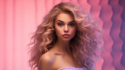 Sensual girl. Close-up portrait with a pink background.