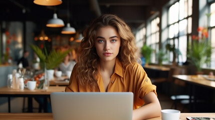 woman working on laptop in cafe