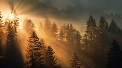 the sun's rays break through the misty pine forest. calm autumn natural background.