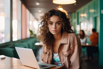 woman working on laptop in cafe