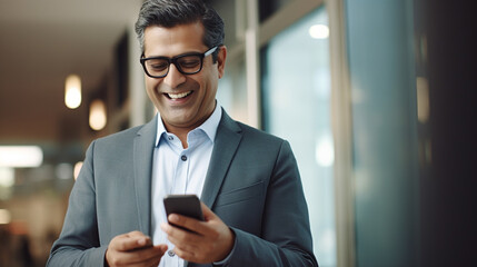 Close-up of a contented, mature businessman, Latin or Indian, with a smartphone in his office, highlighting digital technology use for business solutions.