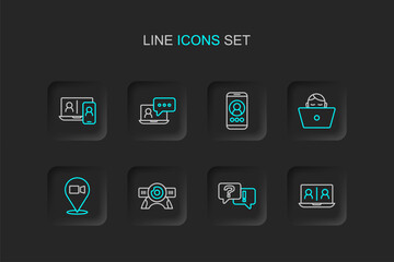 Set line Video chat conference, Question and Answer, Web camera, Freelancer, and icon. Vector