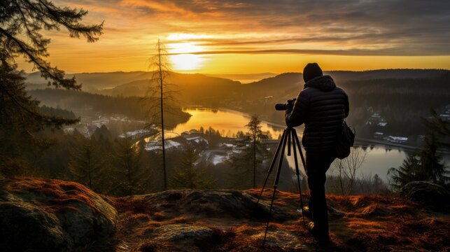 A photographer shoots landscapes with a tripod.