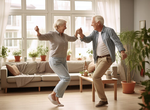 old couple playing senior couple dancing in the living room stock photo