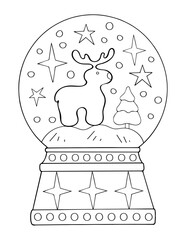 Christmas Snow Globe with Reindeer coloring page. Hand drawn line art illustration.