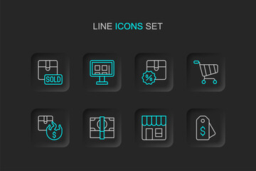 Set line Price tag with dollar, Market store, Stacks paper money cash, Hot price, Shopping cart, Cardboard box discount, Online shopping screen and Sold icon. Vector