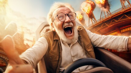 Elderly man rides a roller coaster. Happy and joyful. Generative AI - obrazy, fototapety, plakaty
