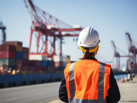 A female civil engineer, wearing a helmet, reviews drawings at a harbor's container terminal, seen from behind with a blurred background.