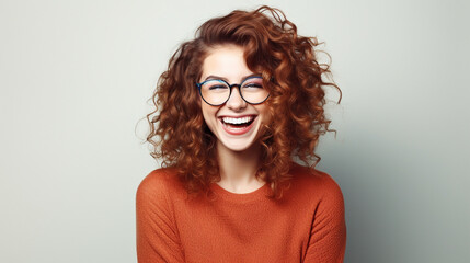 Obraz premium A captivating portrait of a content and confident woman, stylishly wearing glasses, set against a clean white background. Her satisfaction shines through in her radiant expression.