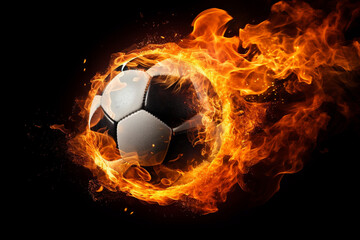 This striking image features a sport ball blazing with fire against a deep black backdrop, symbolizing the intensity and fervor of sports.