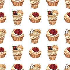 Watercolor seamless pattern dessert with wildberry, baked fresh berry tart with cream. Hand-drawn illustration isolated on white background. Perfect food menu, food drawing, design packing, print