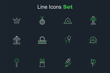 Set line Balloons with ribbon, Firework rocket, Magician hat and rabbit ears, Lollipop, Circus tent, Roller coaster and Attraction carousel icon. Vector