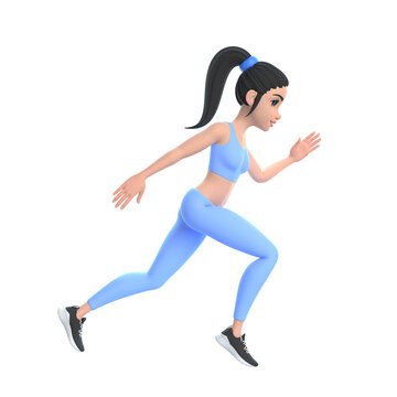 Cartoon character woman in sportswear running isolated on white background. 3D render illustration
