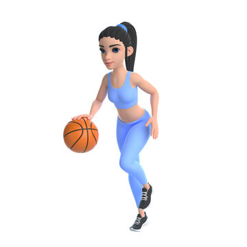 Cartoon character woman in sportswear playing basketball isolated on white background. 3D render illustration