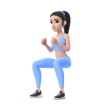 Cartoon character woman in sportswear doing squats isolated on white background. 3D render illustration