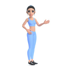 Cartoon character woman in sportswear hows you the way, pointing her hand isolated on white background. 3D render illustration
