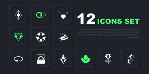 Set Stud earrings, Diamond engagement, Necklace mannequin, box, Wedding and Gem stone icon. Vector