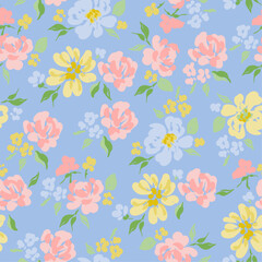 Vector seamless pattern with flowers on blue background