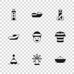 Set Ship steering wheel, Striped sailor t-shirt, Folded paper boat, Sailor, Lighthouse, Jet ski and Inflatable with motor icon. Vector