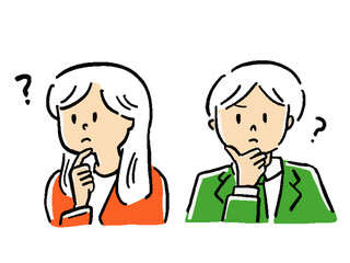 疑問に思うOLとビジネスマンの手描き風イラストセット バストアップ