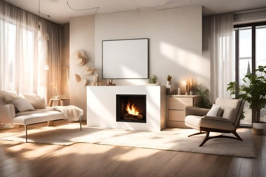 A cozy living room bathed in warm sunlight, featuring a white empty canvas frame placed above a tasteful fireplace.
