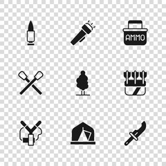 Set Tourist tent, Quiver with arrows, Hunter knife, Tree, Ammunition box, Bullet, Flashlight and Burning match fire icon. Vector