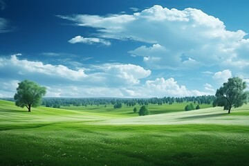 serene landscape with lush trees and blue skies, Generative AI