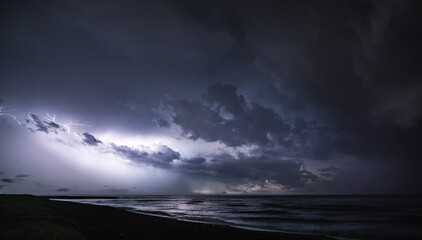 Severe thunderstorm and rain with many lightning peals and dense clouds, on the Black Sea coast in...