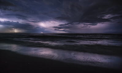 Severe thunderstorm and rain with many lightning peals and dense clouds, on the Black Sea coast in Georgia