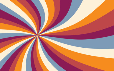 retro starburst sunburst background pattern in retro color palette of blue orange red and beige stripes in spiral or swirled radial striped design, old vintage background vector in hippy 60s design