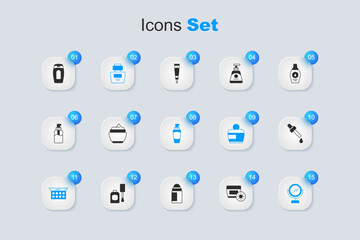 Set Sunscreen cream in tube, Cream or lotion cosmetic, Perfume, Makeup powder with mirror, Round makeup, Pipette oil, Bottle of shampoo and Tube hand icon. Vector