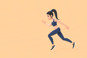 Fototapeta na wymiar Cartoon character woman in sportswear running on beige background. 3D render illustration