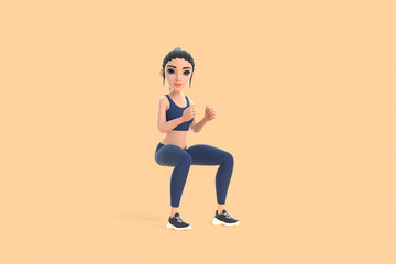 Fototapeta na wymiar Cartoon character woman in sportswear doing squats on beige background. 3D render illustration