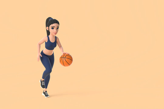 Cartoon character woman in sportswear playing basketball on beige background. 3D render illustration