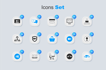 Set Telephone handset, Video chat conference, Speech bubble, Mute microphone, 360 degree view, Microphone, and Freelancer icon. Vector