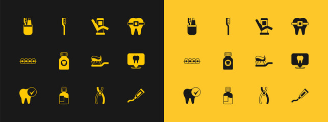 Set Teeth with braces, Mouthwash, Toothbrush toothpaste, Dental pliers, Toothache painkiller tablet, Medical dental chair, and and icon. Vector